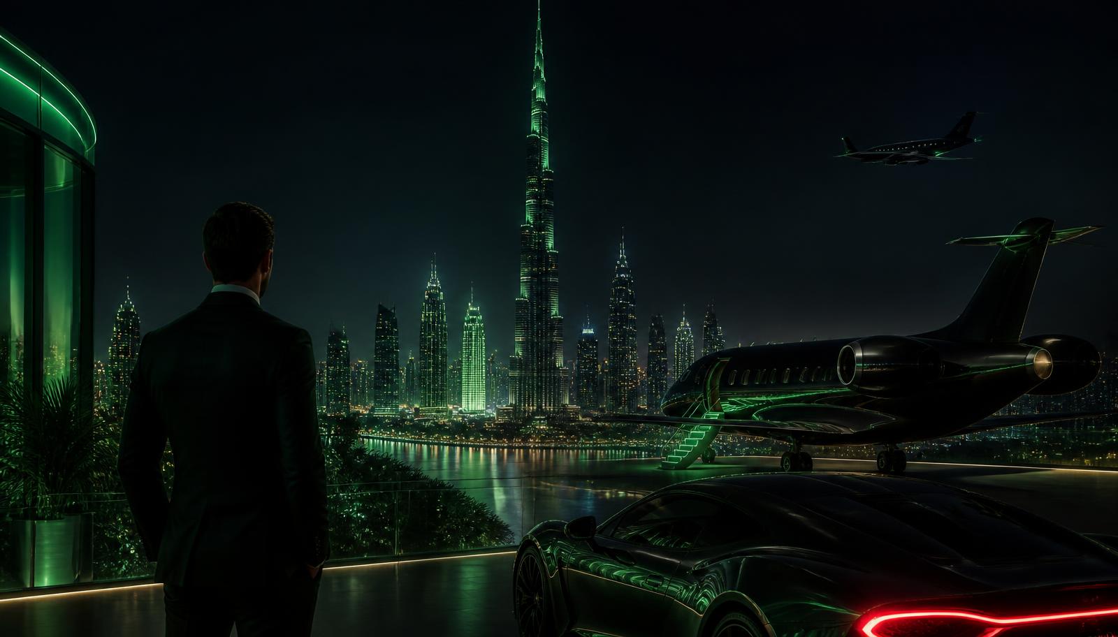 Skyline de Dubai à noite com Burj Khalifa e jato executivo